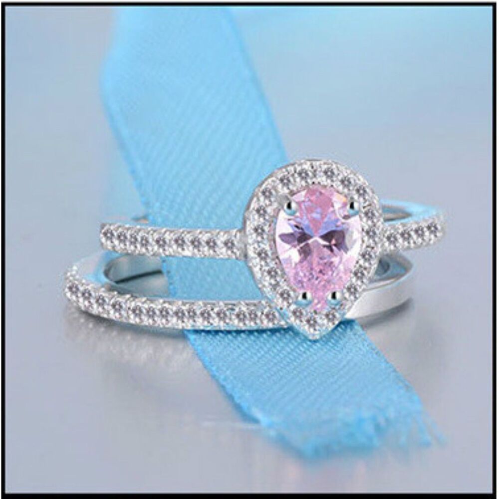 Pink Pear-Shaped Simulated Diamond Ring Set S925 Size 8 with Pave Setting Band